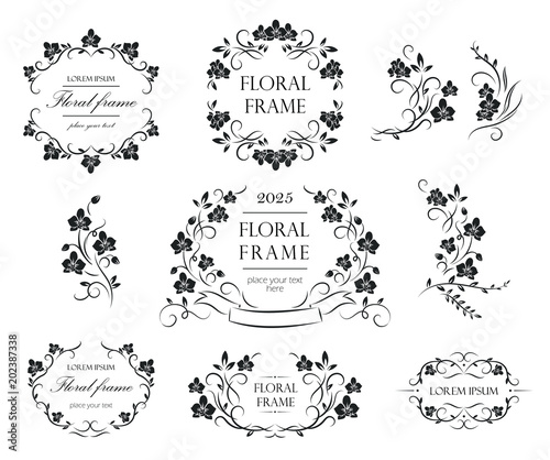 Set of floral frames and labels. Collection of original floral design elements. Vector calligraphy swirls, swashes, ornate motifs. 