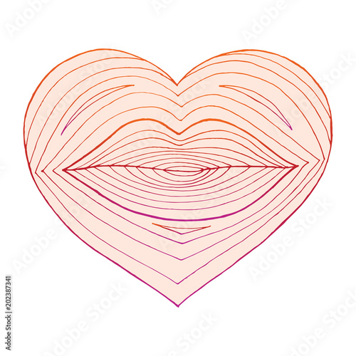 Hand drawn heart with lips inside. Linear shape transformation from lips to the heart. Colorful lines on white background