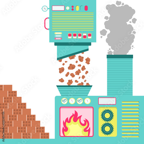 Brick incineration plant. Machinery with an oven incinerating pieces of clays. Pile of bricks on the side. Smoke from the burning coming out of the chimney.