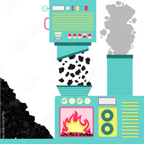 Coal incineration plant. Machinery with an oven incinerating coals. Pile of coals on the side. Smoke from the burning coming out of the chimney.
