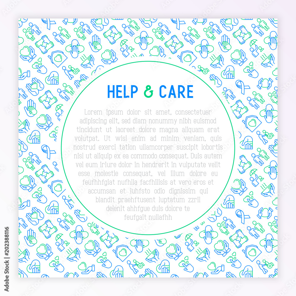 Help and care concept with thin line icons: symbols of support, help for children and disabled, togetherness, philanthropy and donation. Modern vector illustration, template for print media. Help and care concept with thin line icons: symbols of support, help for children and disabled, togetherness, philanthropy and donation. Modern vector illustration, template for print media.