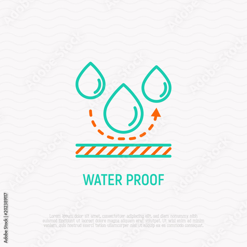 Waterproof material thin line icon: textile is resistant for drop of water. Modern vector illustration.