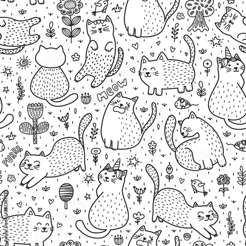 Cute cats in the summer seamless pattern. Black and white doodle background. Great for coloring book. Vector illustration photo