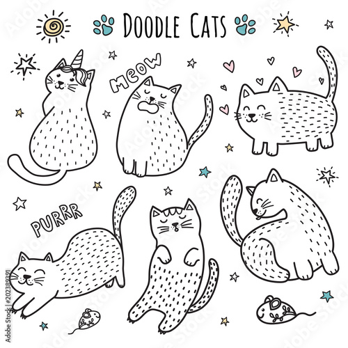 Cute hand drawn doodle cats. Funny kittens collection. Vector illustration