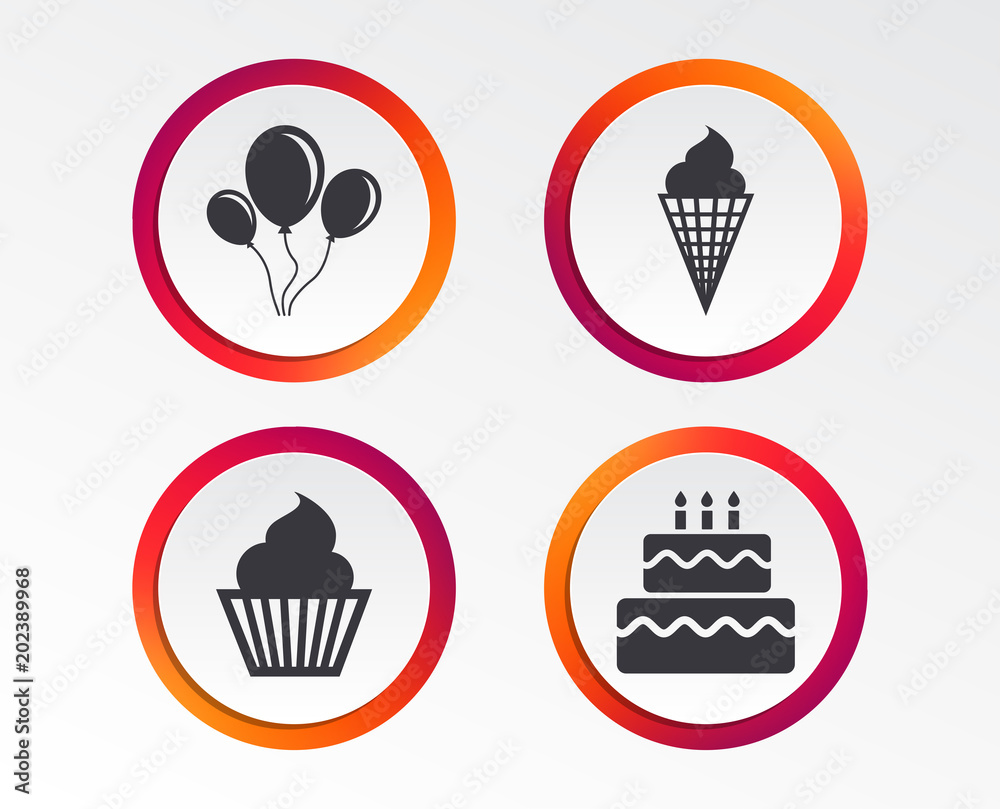Birthday party icons. Cake with ice cream signs. Air balloons with rope symbol. Infographic design buttons. Circle templates. Vector Birthday party icons. Cake with ice cream signs. Air balloons with rope symbol. Infographic design buttons. Circle templates. Vector