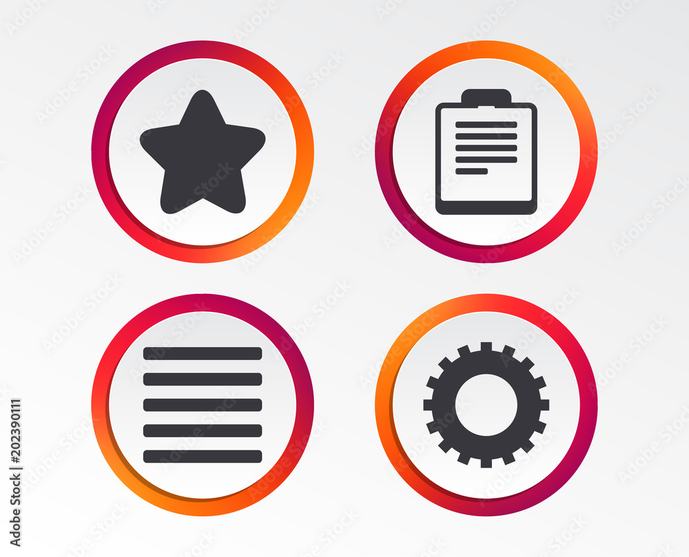 Star favorite and menu list icons. Checklist and cogwheel gear sign symbols. Infographic design buttons. Circle templates. Vector Star favorite and menu list icons. Checklist and cogwheel gear sign symbols. Infographic design buttons. Circle templates. Vector
