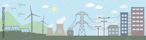 Colorful illustration of power distribution system. Vector illustration.