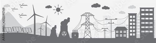Monochrome illustration of power distribution system.