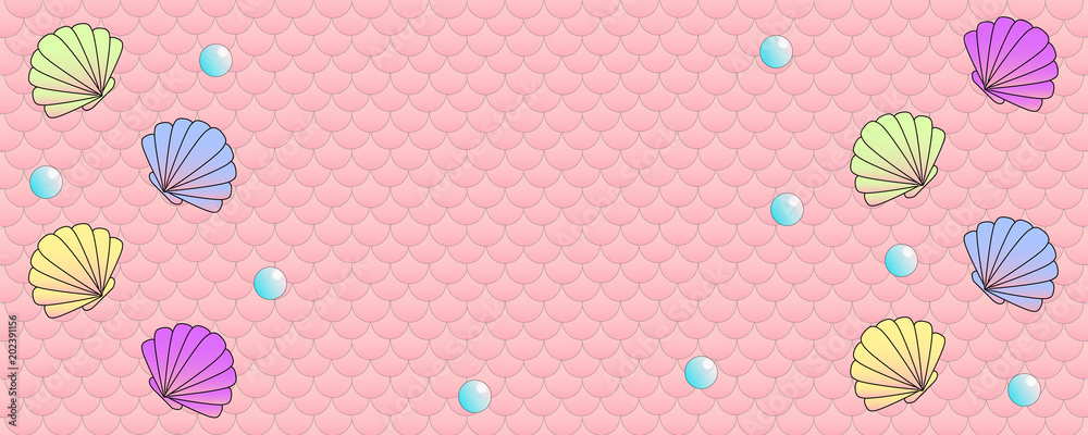 Clam shells and pearls on pink fish scale pattern background Clam shells and pearls on pink fish scale pattern background