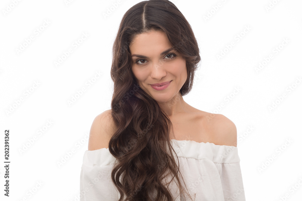half length image of luxury brunette girl with deep look. Isolated on white background. Mid age woman over 35 years old beauty concept. half length image of luxury brunette girl with deep look. Isolated on white background. Mid age woman over 35 years old beauty concept.