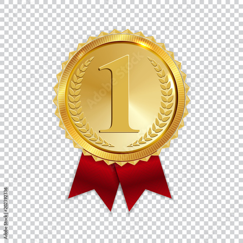 Champion Art Golden Medal with Red Ribbon l Icon Sign First Place Isolated on Transparent Background. Vector Illustration