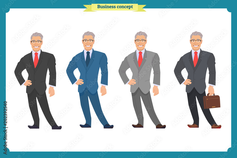 Happy elegant businessman in suit.Isolated vector on white.Standing Person.Business man cartoon.People character.Consulting, startup concept. Portrait of Full length. Lawyer.Front view man.Boss, CEO Happy elegant businessman in suit.Isolated vector on white.Standing Person.Business man cartoon.People character.Consulting, startup concept. Portrait of Full length. Lawyer.Front view man.Boss, CEO