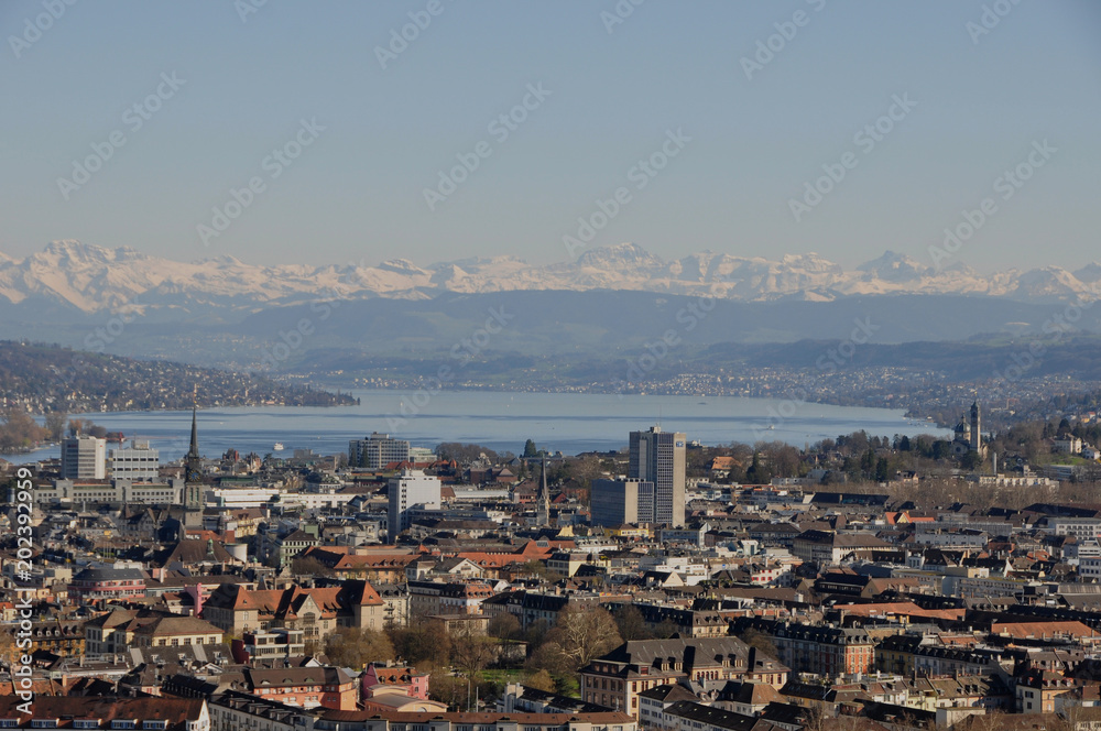 Panoramic view of  the Skyline of Zürich-City from Switzerlands second highest skyscraper