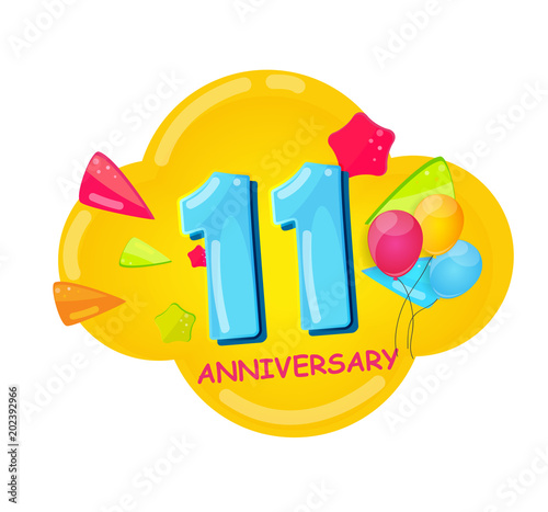 Cute Cartoon Template 11 Years Anniversary Vector Illustration