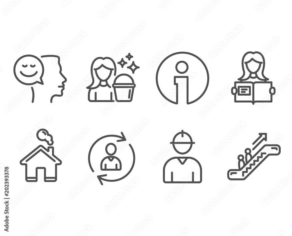 Set of Engineer, Cleaning and Person info icons. Woman read, Good mood and Escalator signs. Worker profile, Maid service, Refresh user data. Girl studying, Positive thinking, Elevator. Vector Set of Engineer, Cleaning and Person info icons. Woman read, Good mood and Escalator signs. Worker profile, Maid service, Refresh user data. Girl studying, Positive thinking, Elevator. Vector