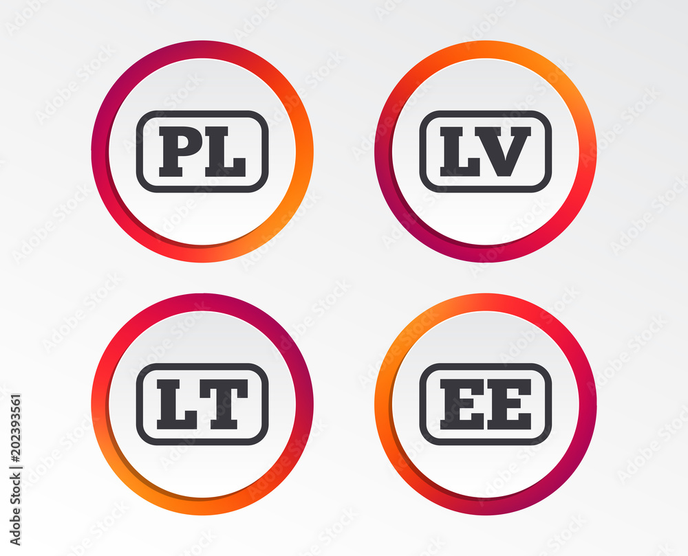 Language icons. PL, , , LT and EE translation symbols. Poland, Latvia, Lithuania and Estonia languages. Infographic design buttons. Circle templates. Vector Language icons. PL, , , LT and EE translation symbols. Poland, Latvia, Lithuania and Estonia languages. Infographic design buttons. Circle templates. Vector