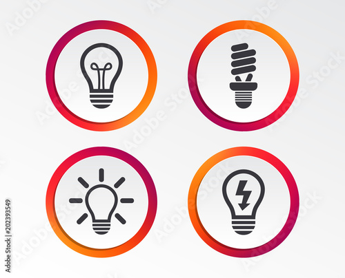 Light lamp icons. Fluorescent lamp bulb symbols. Energy saving. Idea and success sign. Infographic design buttons. Circle templates. Vector