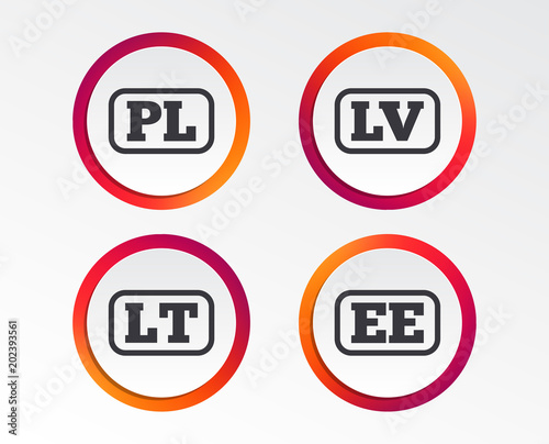 Language icons. PL, , , LT and EE translation symbols. Poland, Latvia, Lithuania and Estonia languages. Infographic design buttons. Circle templates. Vector