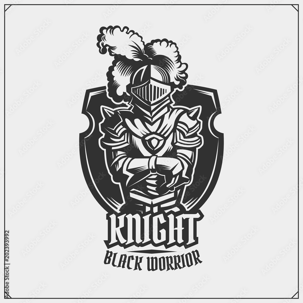 Obraz premium Medieval warrior knight in helmet emblem. Vector illustration.