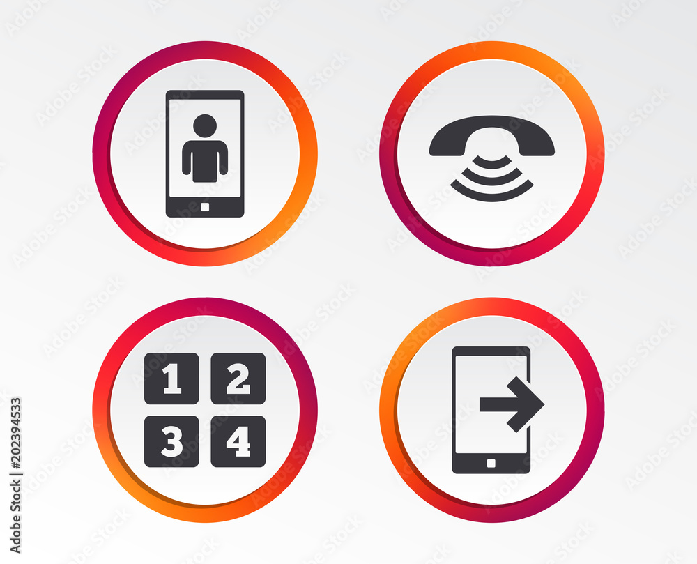 Phone icons. Smartphone video call sign. Call center support symbol. Cellphone keyboard symbol. Infographic design buttons. Circle templates. Vector Phone icons. Smartphone video call sign. Call center support symbol. Cellphone keyboard symbol. Infographic design buttons. Circle templates. Vector