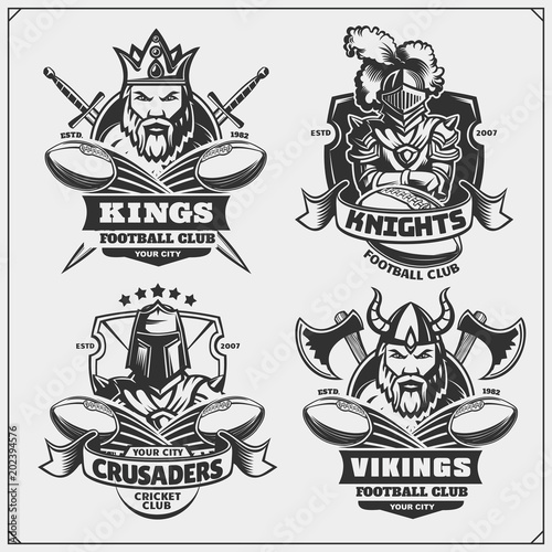 Football badges, labels and design elements. Sport club emblems with king, crusader, knight and viking.