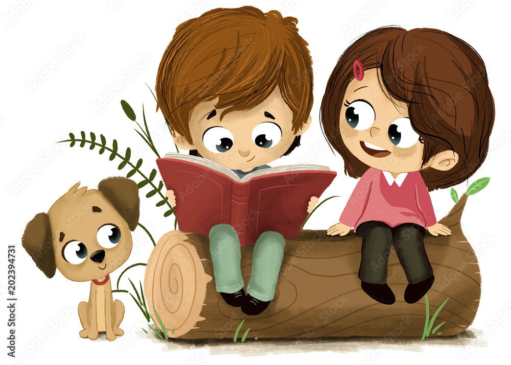 Niños leyendo un libro sentados en un tronco con un perro - obrazy, fototapety, plakaty 