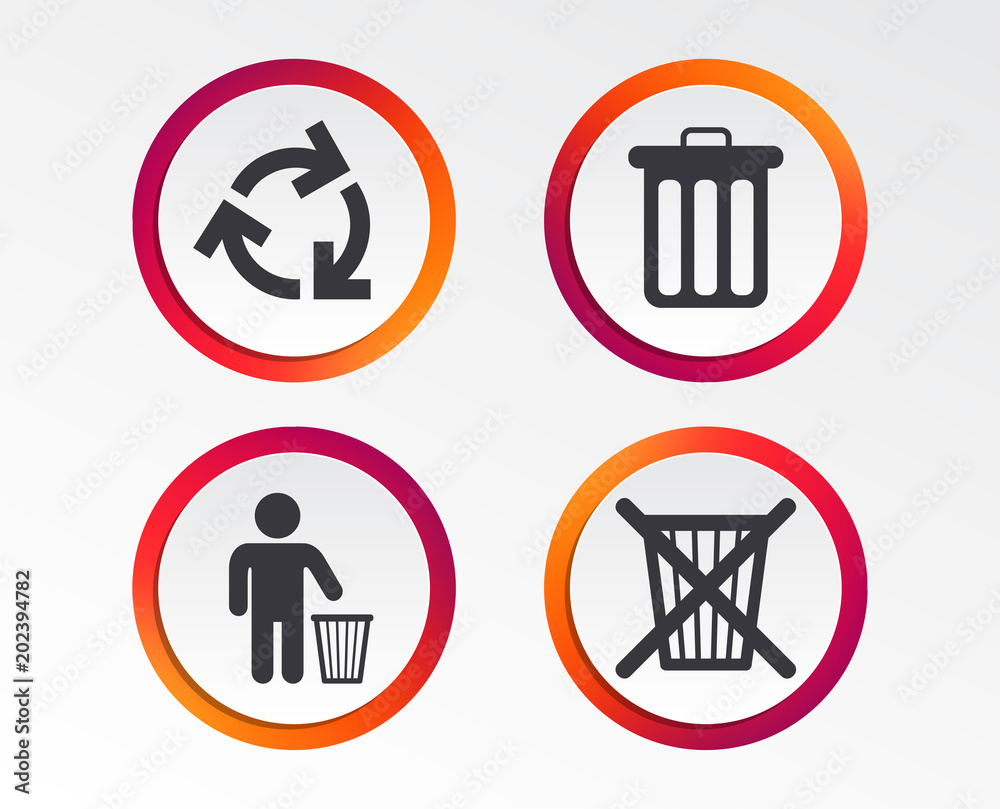 Recycle bin icons. Reuse or reduce symbols. Human throw in trash can. Recycling signs. Infographic design buttons. Circle templates. Vector Recycle bin icons. Reuse or reduce symbols. Human throw in trash can. Recycling signs. Infographic design buttons. Circle templates. Vector