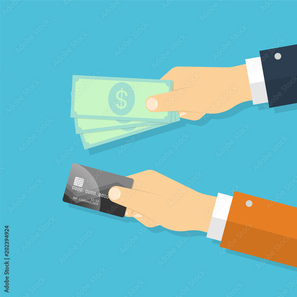 Hands holding credit card and money banknotes. Vector illustrati Hands holding credit card and money banknotes. Vector illustrati