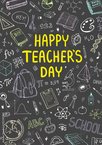 Poster for National Teacher's Day with nice doddle design. Vertical vector illustration on a blackboard.