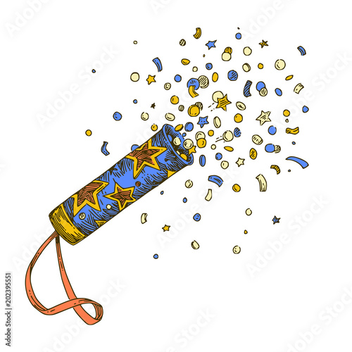 Beautiful festive cracker with flying confetti. Color. Engraving style. Vector illustration.