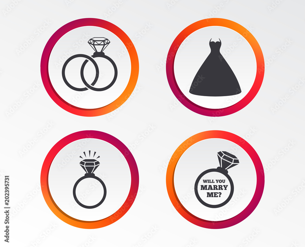 Wedding dress icon. Bride and groom rings symbol. Wedding or engagement day ring shine with diamond sign. Will you marry me? Infographic design buttons. Circle templates. Vector Wedding dress icon. Bride and groom rings symbol. Wedding or engagement day ring shine with diamond sign. Will you marry me? Infographic design buttons. Circle templates. Vector