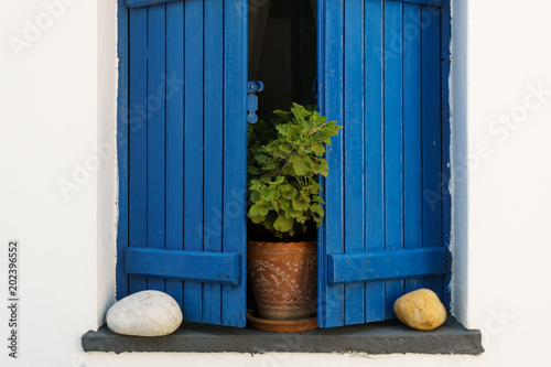 Colorful traditional window with a flower pot © elenatiniakou