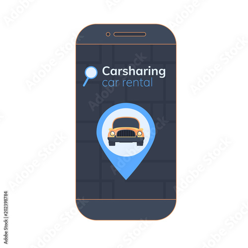 Carsharing mobile app illustration. Map, geolocation mark, with car on screen smartphone. Online rental car service.