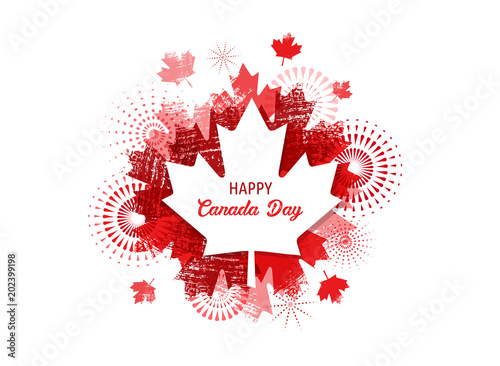 Happy Canada day, background, banner with fireworks and maple leaves