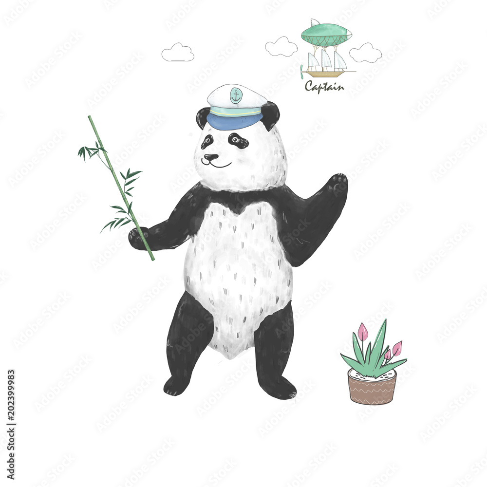 Plakat Panda clip art bear black panda captain drawing animal illustration on white background cute animal on white background