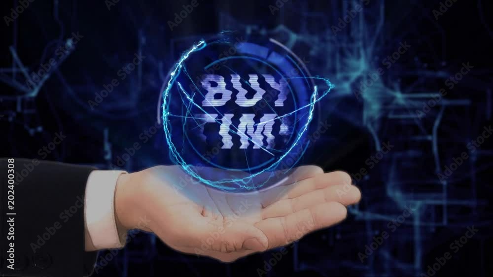 Painted hand shows concept hologram Buy time on his hand. Drawn man in business suit with future technology screen and modern cosmic background Painted hand shows concept hologram Buy time on his hand. Drawn man in business suit with future technology screen and modern cosmic background