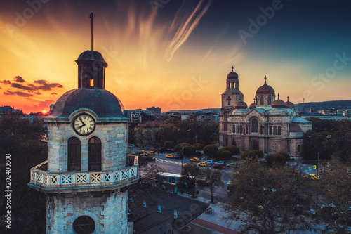 The Cathedral of the Assumption and old city clock tower in Varna, Aerial view and