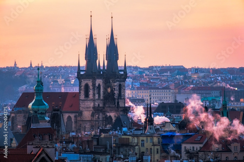 Scenic view of Prague old town cityscape at sunrise, Czech Republic