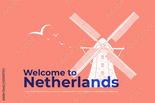 White hand drawn mill with blue inscription of Welcome Netherlands. Symbol of Holland. Design for travel catalogues, leaflets, postcards, brochures. Vector illustration.