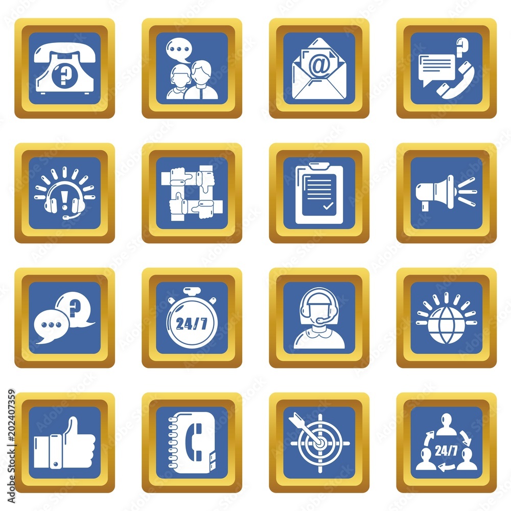 Call center icons set vector blue square isolated on white background Call center icons set vector blue square isolated on white background