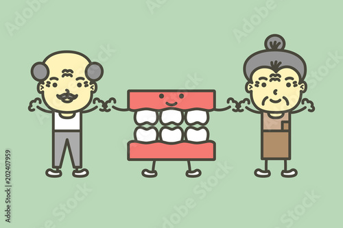 senior man and woman with denture or false teeth are smiling