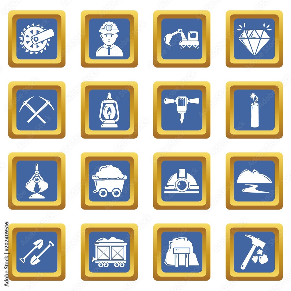 Mining minerals business icons set vector blue square isolated on white background Mining minerals business icons set vector blue square isolated on white background