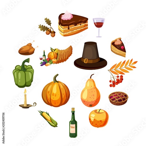 Thanksgiving Day icons set. Cartoon illustration of 16 Thanksgiving Day vector icons for web