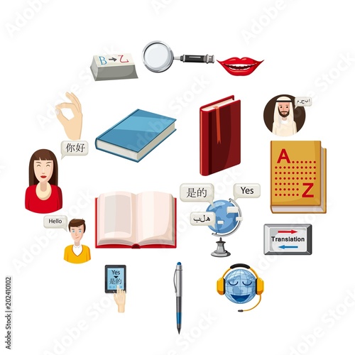 Translator profession tools set. Cartoon illustration of 16 translator profession vector icons for web