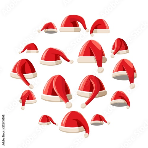 Red Santa Claus hat icons set in cartoon style. Santa hats set collection vector illustration