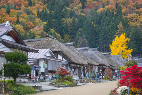 FUKUSHIMA, Japan - NOV 01, 2017: Ouchijuku village is a fomer post town along the Aizu-Nishi Kaido trade route, which connected Aizu with Nikko during the Edo period photo