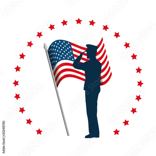 silhouette of military saluting with USA flag vector illustration design