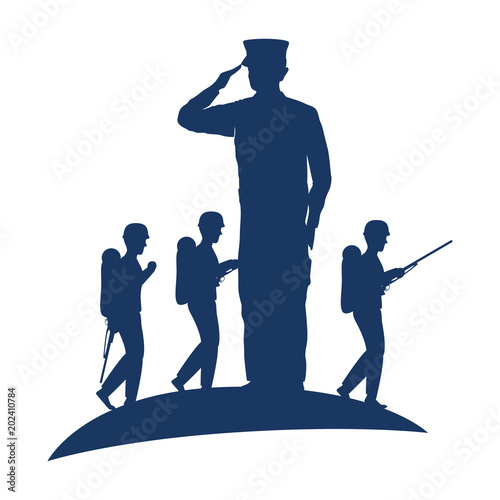 silhouette of military saluting with tropers vector illustration design