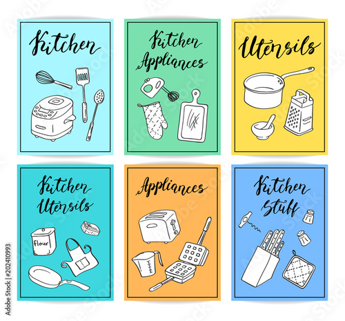 Vector kitchen utensils doodle icons card template set with cute letterings illustration photo