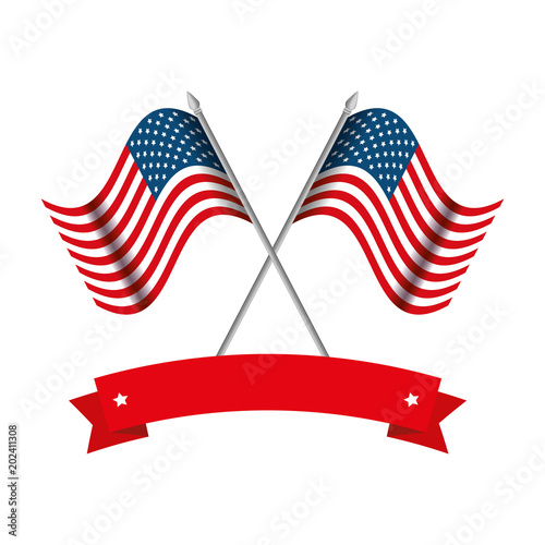 united states of america flags crossed with ribbon vector illustration design